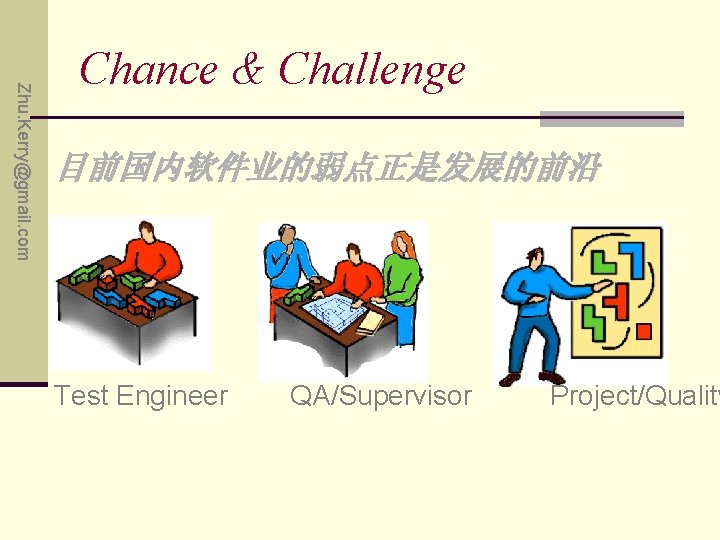 Zhu. Kerry@gmail. com Chance & Challenge 目前国内软件业的弱点正是发展的前沿 Test Engineer QA/Supervisor Project/Quality 