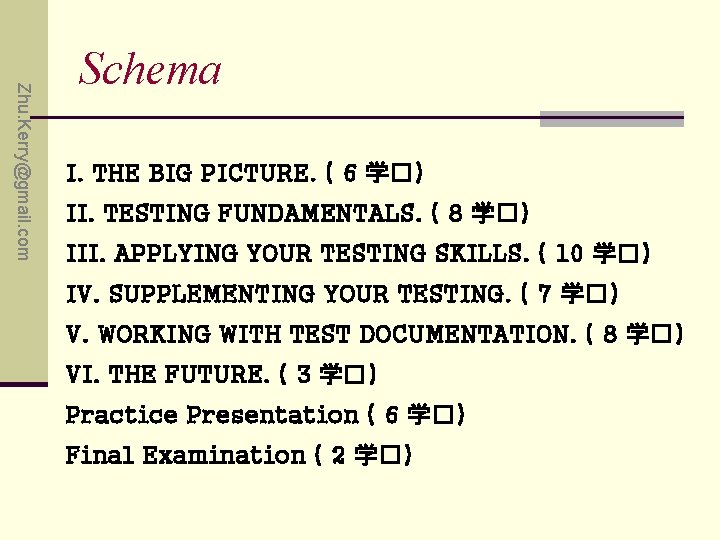 Zhu. Kerry@gmail. com Schema I. THE BIG PICTURE. ( 6 学�) II. TESTING FUNDAMENTALS.
