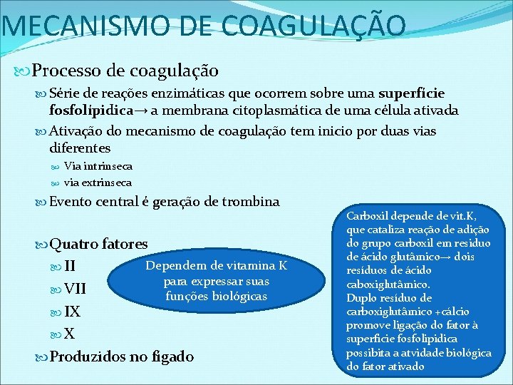 MECANISMO DE COAGULAÇÃO Processo de coagulação Série de reações enzimáticas que ocorrem sobre uma