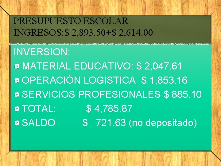 PRESUPUESTO ESCOLAR INGRESOS: $ 2, 893. 50+$ 2, 614. 00 INVERSION: MATERIAL EDUCATIVO: $