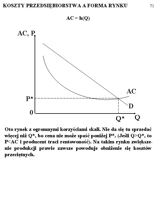 KOSZTY PRZEDSIĘBIORSTWA A FORMA RYNKU 71 AC = h(Q) AC, P AC P* 0