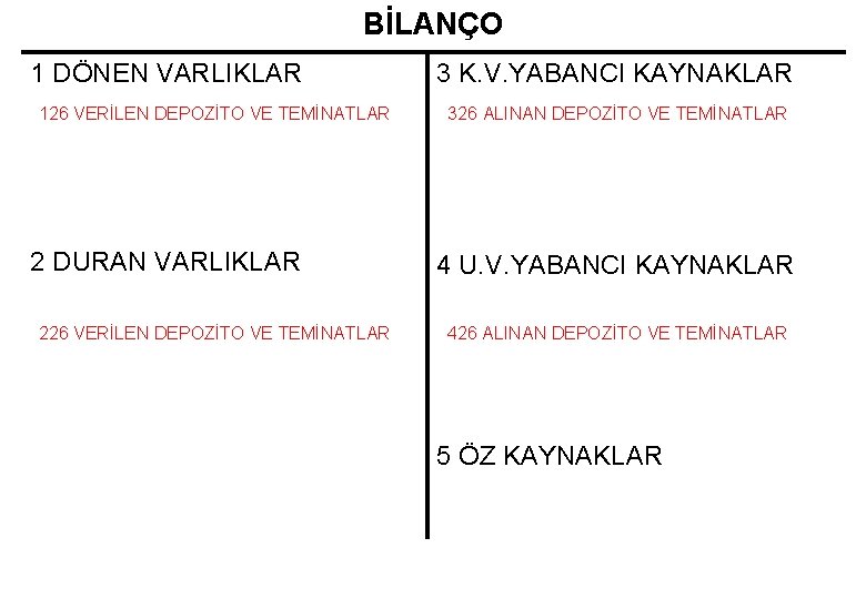 BİLANÇO 1 DÖNEN VARLIKLAR 126 VERİLEN DEPOZİTO VE TEMİNATLAR 2 DURAN VARLIKLAR 226 VERİLEN