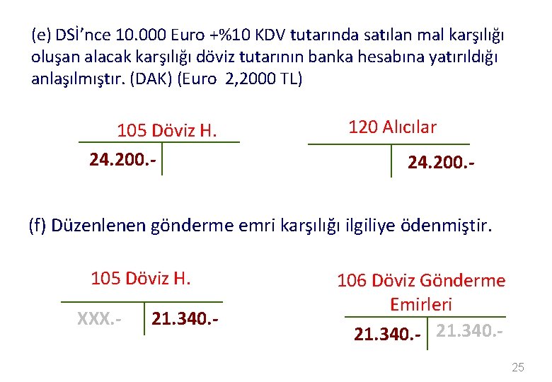 (e) DSİ’nce 10. 000 Euro +%10 KDV tutarında satılan mal karşılığı oluşan alacak karşılığı