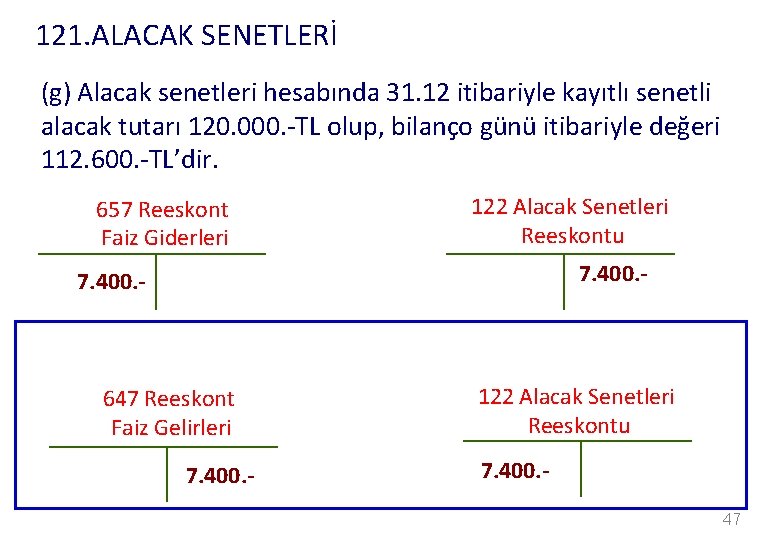 121. ALACAK SENETLERİ (g) Alacak senetleri hesabında 31. 12 itibariyle kayıtlı senetli alacak tutarı