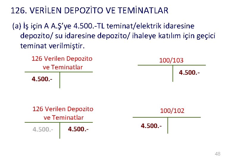 126. VERİLEN DEPOZİTO VE TEMİNATLAR (a) İş için A A. Ş’ye 4. 500. -TL