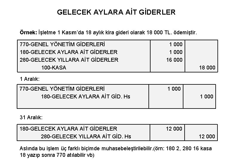 GELECEK AYLARA AİT GİDERLER Örnek: İşletme 1 Kasım’da 18 aylık kira gideri olarak 18