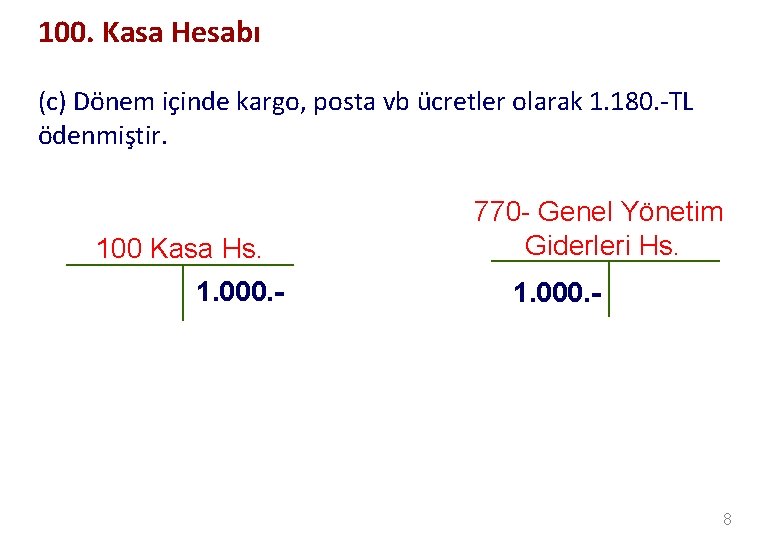 100. Kasa Hesabı (c) Dönem içinde kargo, posta vb ücretler olarak 1. 180. -TL