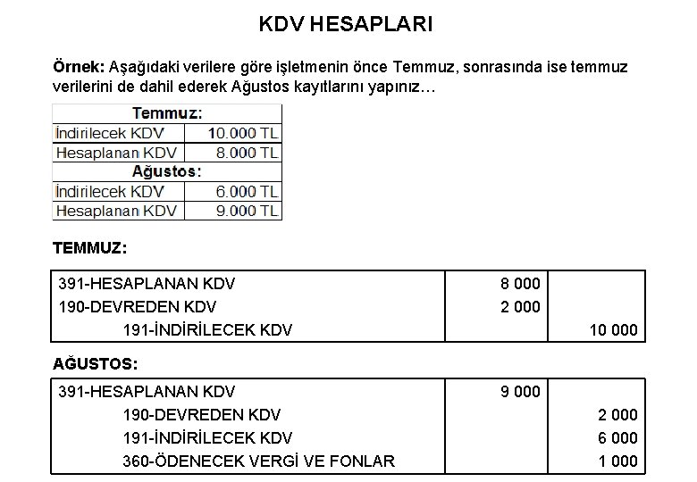 KDV HESAPLARI Örnek: Aşağıdaki verilere göre işletmenin önce Temmuz, sonrasında ise temmuz verilerini de