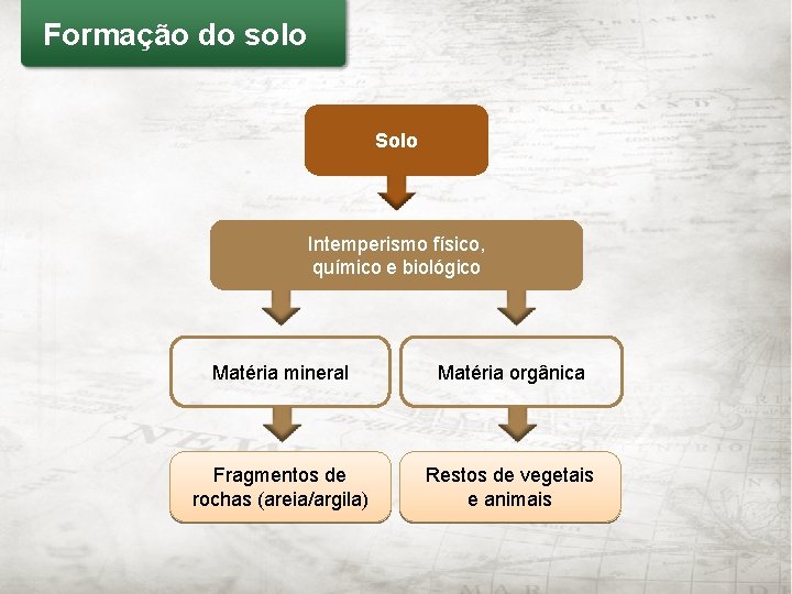 Formação do solo Solo Intemperismo físico, químico e biológico Matéria mineral Matéria orgânica Fragmentos