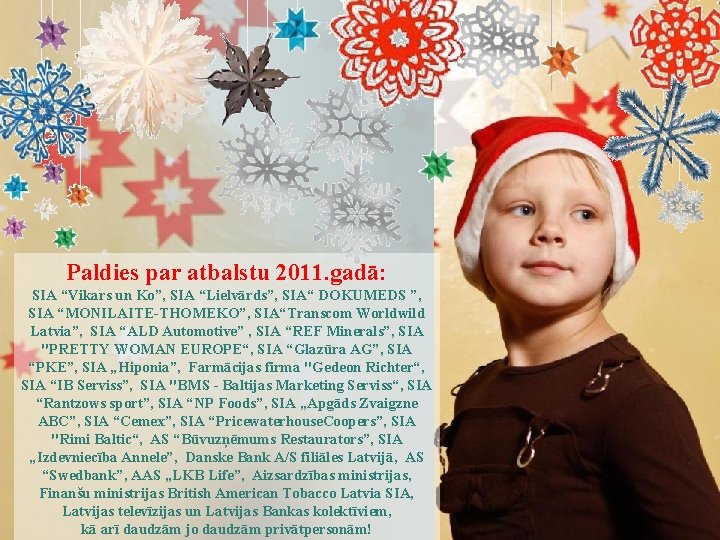 Paldies par atbalstu 2011. gadā: SIA “Vikars un Ko”, SIA “Lielvārds”, SIA“ DOKUMEDS ”,