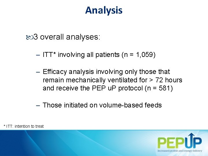 Analysis 3 overall analyses: – ITT* involving all patients (n = 1, 059) –