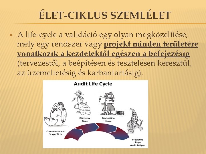 ÉLET-CIKLUS SZEMLÉLET § A life-cycle a validáció egy olyan megközelítése, mely egy rendszer vagy ÉLET-CIKLUS SZEMLÉLET § A life-cycle a validáció egy olyan megközelítése, mely egy rendszer vagy