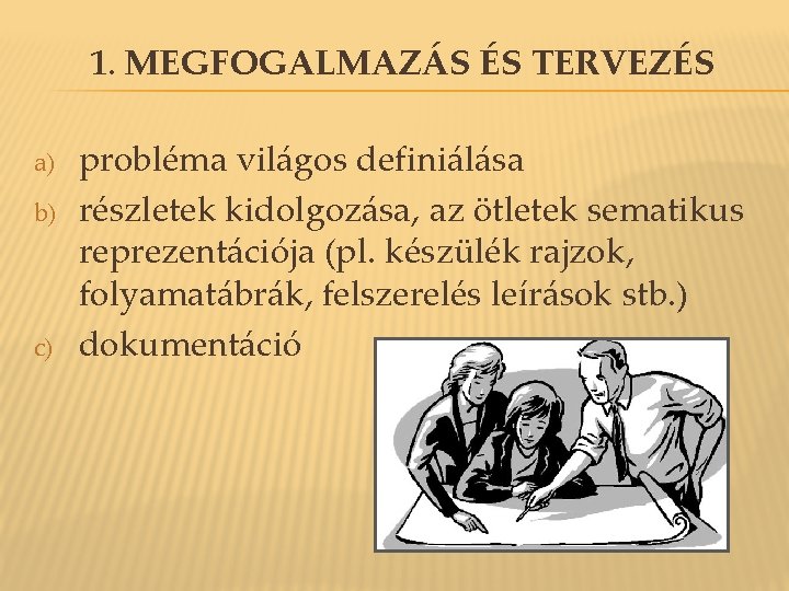 1. MEGFOGALMAZÁS ÉS TERVEZÉS a) b) c) probléma világos definiálása részletek kidolgozása, az ötletek 1. MEGFOGALMAZÁS ÉS TERVEZÉS a) b) c) probléma világos definiálása részletek kidolgozása, az ötletek