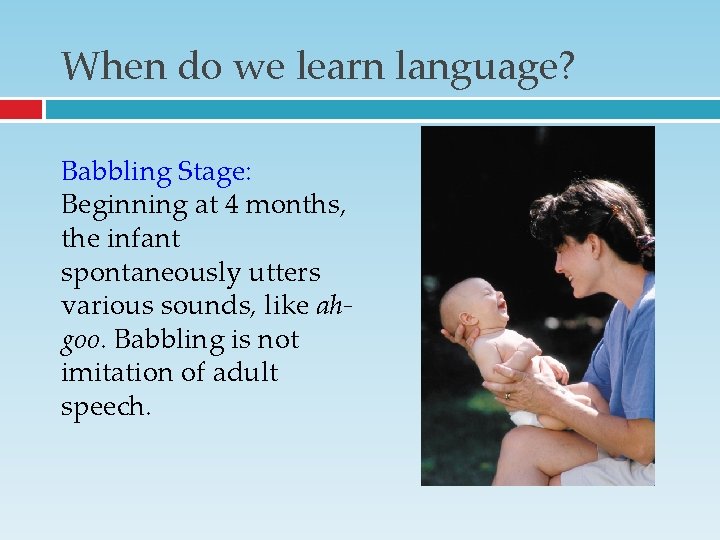 When do we learn language? Babbling Stage: Beginning at 4 months, the infant spontaneously When do we learn language? Babbling Stage: Beginning at 4 months, the infant spontaneously