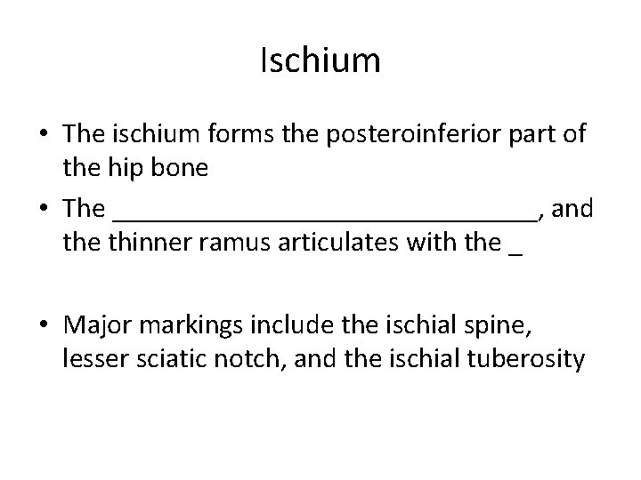 Ischium • The ischium forms the posteroinferior part of the hip bone • The