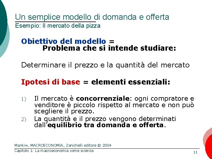 Un semplice modello di domanda e offerta Esempio: Il mercato della pizza Obiettivo del