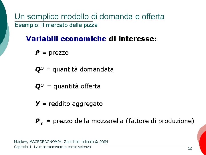 Un semplice modello di domanda e offerta Esempio: Il mercato della pizza Variabili economiche