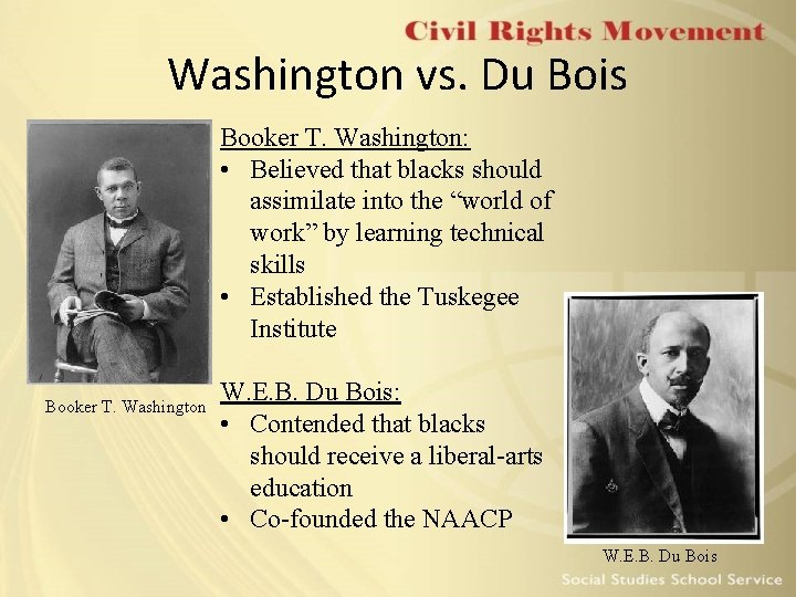 Washington vs. Du Bois Booker T. Washington: • Believed that blacks should assimilate into Washington vs. Du Bois Booker T. Washington: • Believed that blacks should assimilate into