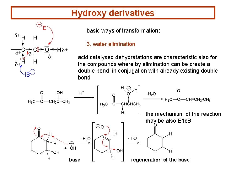 Hydroxy derivatives basic ways of transformation: 3. water elimination acid catalysed dehydratations are characteristic