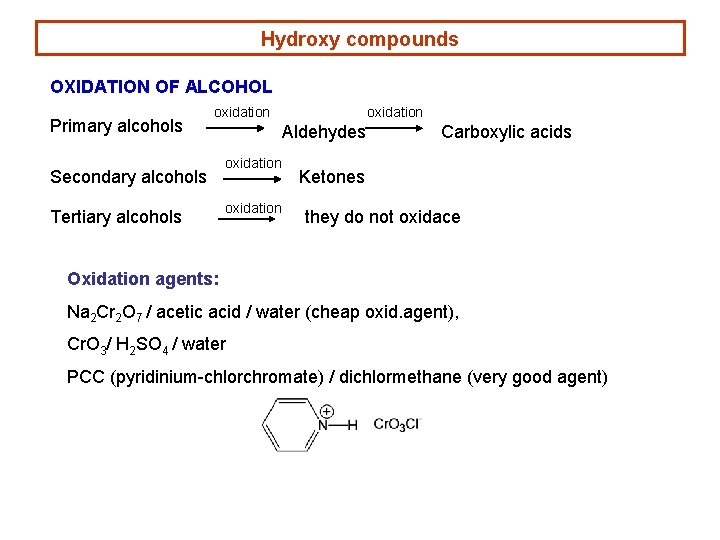 Hydroxy compounds OXIDATION OF ALCOHOL Primary alcohols oxidation Secondary alcohols Tertiary alcohols oxidation Aldehydes