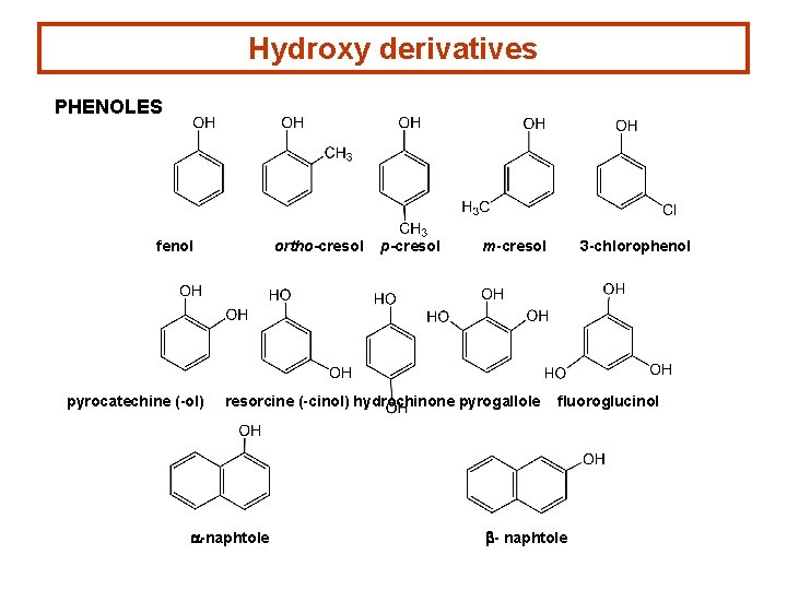 Hydroxy derivatives PHENOLES fenol pyrocatechine (-ol) ortho-cresol p-cresol m-cresol resorcine (-cinol) hydrochinone pyrogallole a-naphtole