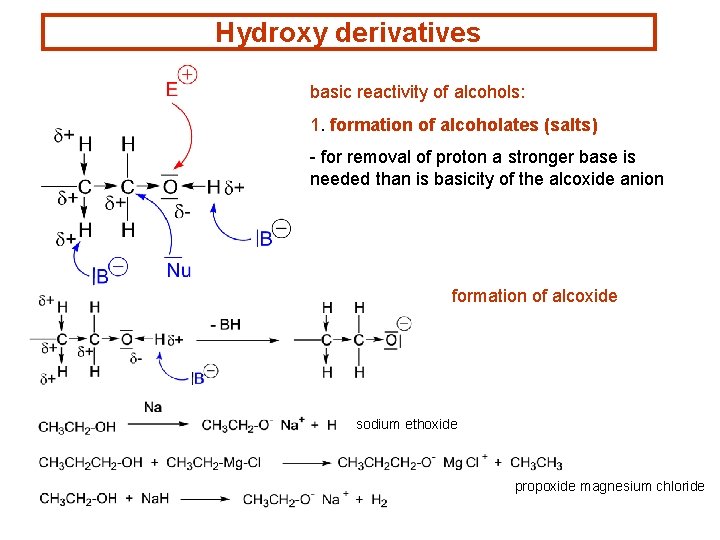 Hydroxy derivatives basic reactivity of alcohols: 1. formation of alcoholates (salts) - for removal