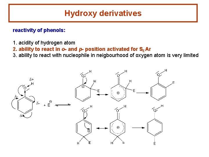 Hydroxy derivatives reactivity of phenols: 1. acidity of hydrogen atom 2. ability to react