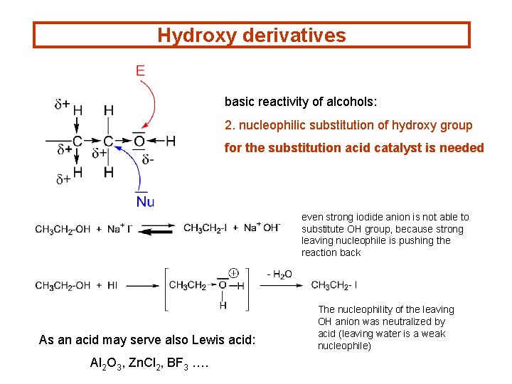 Hydroxy derivatives basic reactivity of alcohols: 2. nucleophilic substitution of hydroxy group for the