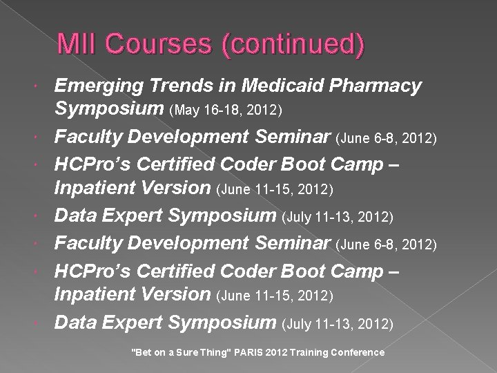 MII Courses (continued) Emerging Trends in Medicaid Pharmacy Symposium (May 16 -18, 2012) Faculty