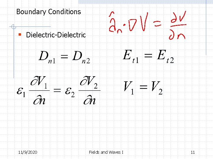 Boundary Conditions § Dielectric-Dielectric 11/9/2020 Fields and Waves I 11 