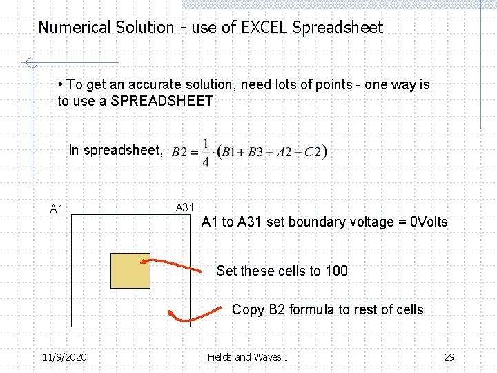 Numerical Solution - use of EXCEL Spreadsheet • To get an accurate solution, need