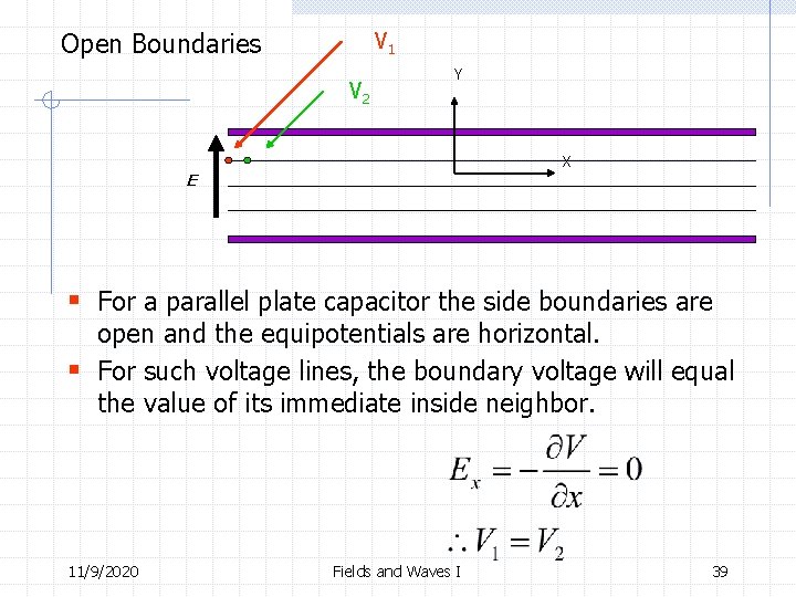 V 1 Open Boundaries V 2 Y X E § For a parallel plate