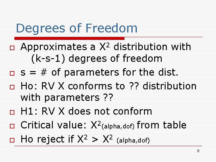 Degrees of Freedom o o o Approximates a X 2 distribution with (k-s-1) degrees