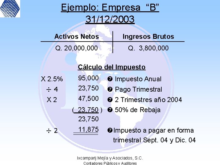 Ejemplo: Empresa “B” 31/12/2003 Activos Netos Ingresos Brutos Q. 20, 000 Q. 3, 800,
