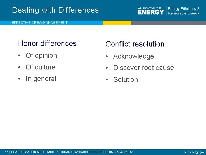 Dealing with Differences EFFECTIVE CREW MANAGEMENT Honor differences Conflict resolution • Of opinion •