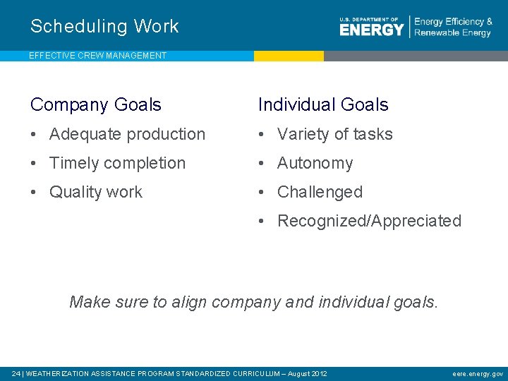 Scheduling Work EFFECTIVE CREW MANAGEMENT Company Goals Individual Goals • Adequate production • Variety