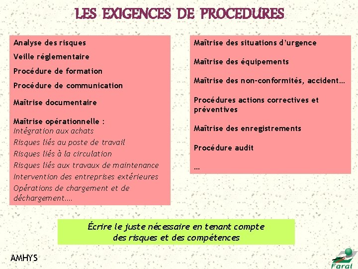 LES EXIGENCES DE PROCEDURES Analyse des risques Maîtrise des situations d’urgence Veille réglementaire Maîtrise