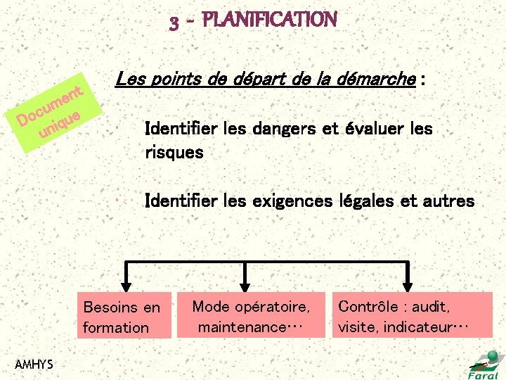 3 - PLANIFICATION nt e m u c Do nique u Les points de