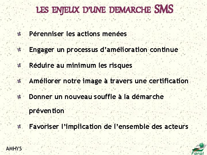 LES ENJEUX D’UNE DEMARCHE SMS Pérenniser les actions menées Engager un processus d’amélioration continue