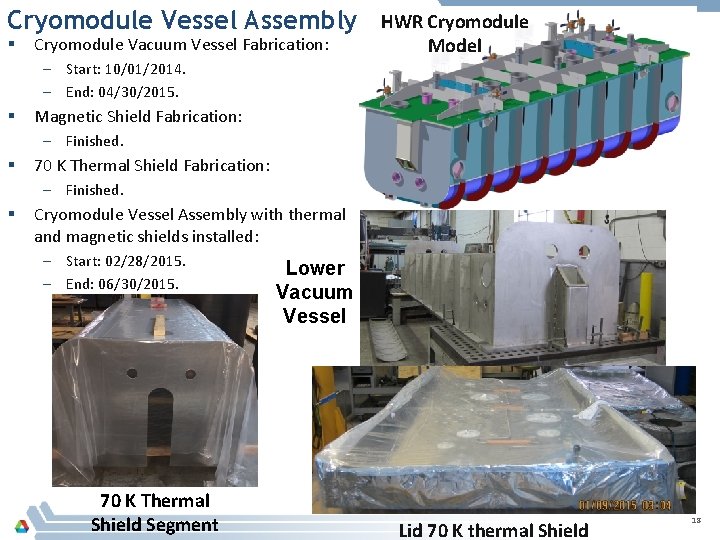 Cryomodule Vessel Assembly § Cryomodule Vacuum Vessel Fabrication: HWR Cryomodule Model – Start: 10/01/2014.