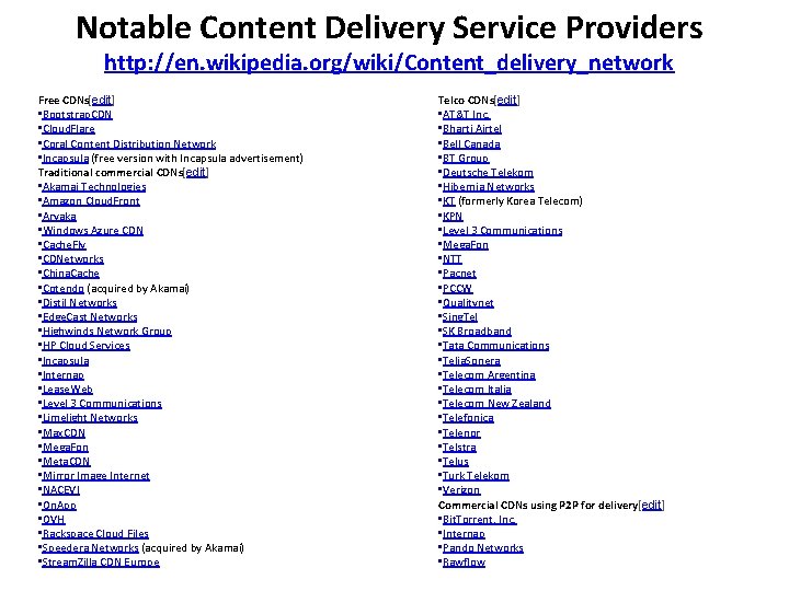 Notable Content Delivery Service Providers http: //en. wikipedia. org/wiki/Content_delivery_network Free CDNs[edit] • Bootstrap. CDN
