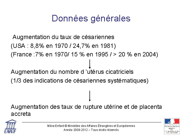 Données générales Augmentation du taux de césariennes (USA : 8, 8% en 1970 /