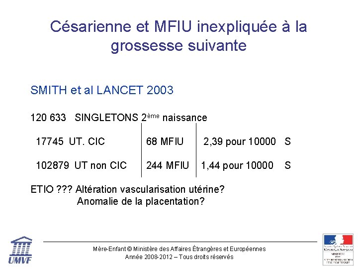 Césarienne et MFIU inexpliquée à la grossesse suivante SMITH et al LANCET 2003 120 Césarienne et MFIU inexpliquée à la grossesse suivante SMITH et al LANCET 2003 120