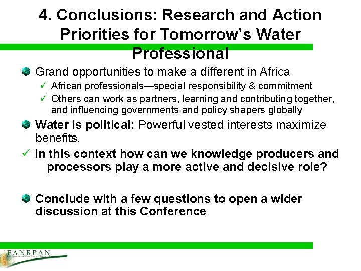 4. Conclusions: Research and Action Priorities for Tomorrow’s Water Professional Grand opportunities to make