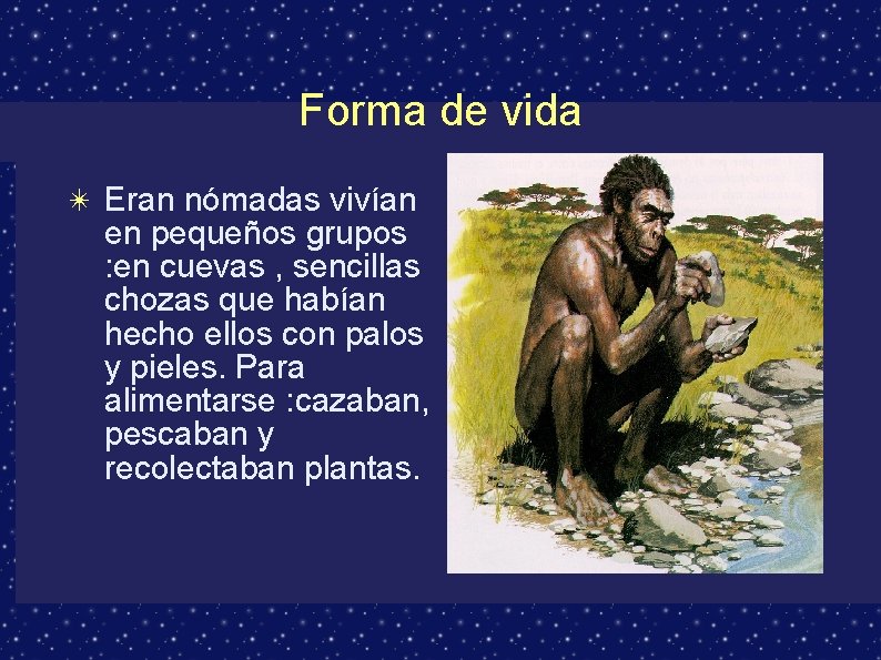 Forma de vida ✴ Eran nómadas vivían en pequeños grupos : en cuevas ,