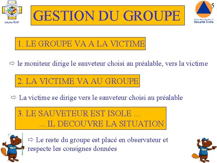 GESTION DU GROUPE 1. LE GROUPE VA A LA VICTIME ð le moniteur dirige
