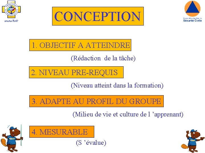 CONCEPTION 1. OBJECTIF A ATTEINDRE (Rédaction de la tâche) 2. NIVEAU PRE-REQUIS (Niveau atteint