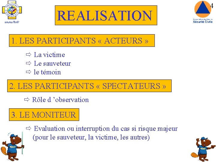 REALISATION 1. LES PARTICIPANTS « ACTEURS » ð La victime ð Le sauveteur ð