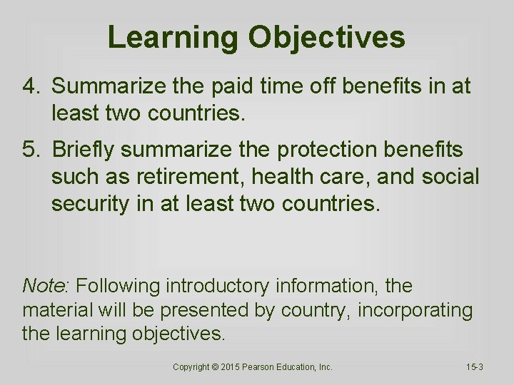 Learning Objectives 4. Summarize the paid time off benefits in at least two countries.