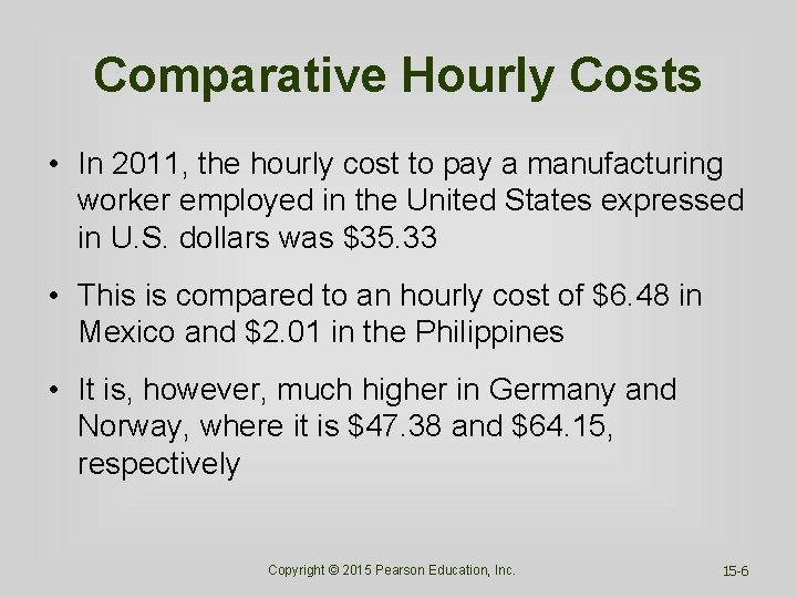 Comparative Hourly Costs • In 2011, the hourly cost to pay a manufacturing worker